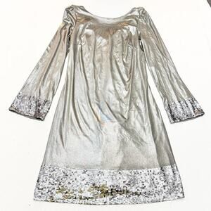 Oleg Cassini Vintage Metallic Beaded Sequin Hem Silver Back Drape Dress Size 2